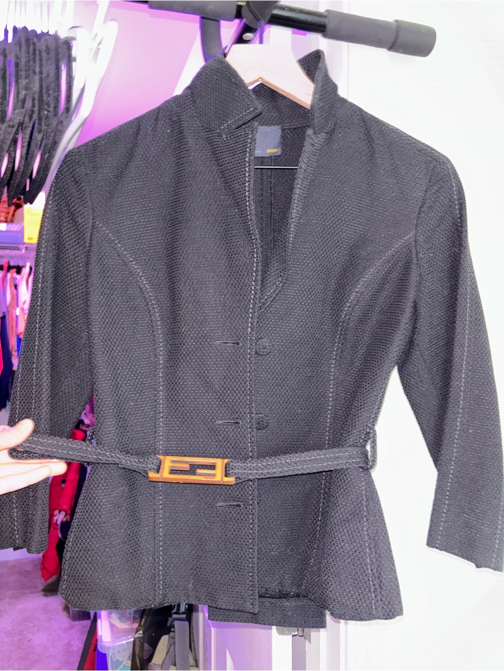 Fendi Black Textured Belted Blazer with Gold Buckle